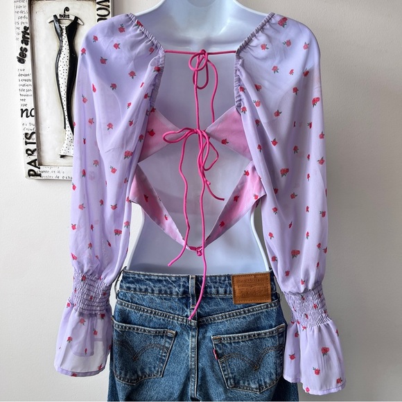 Glamaker Girlhood Purple Red Floral Print Corset Long Sleeve Crop Top Size L - Picture 7 of 9